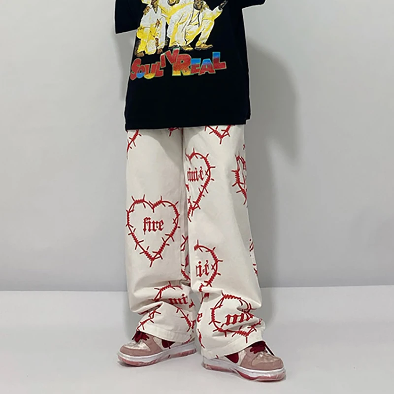 

SHENGPALAE Streetwear Harajuku Love Jeans Women's Spring Autumn 2021 New High Waist Loose Straight Denim Pants Female Tide 5E748