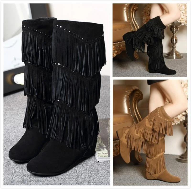 

40 Big Size High Tassel Boots Women Genuine Leather Tall Winter Warm Fur Snow Boots 2021 Winter Shoes Female Fashion Tassel Boot