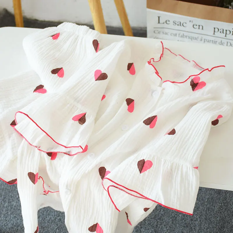 Japanese summer ladies cotton double gauze lotus leaf sleeve cropped trousers pajamas suit cute home service suit pijamas women