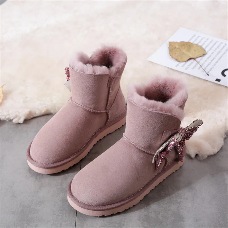 Новинка Красивые женские зимние ботинки из 100% натуральной овечьей кожи с бантом