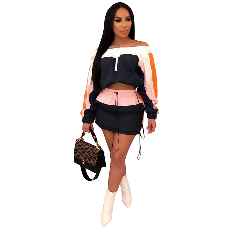 

Solid Color Patchwork Sports Long Sleeves Tops & Drawstring Skirt All-Matching New Arrival Autumn Women Suit Hot 2 Piece Set