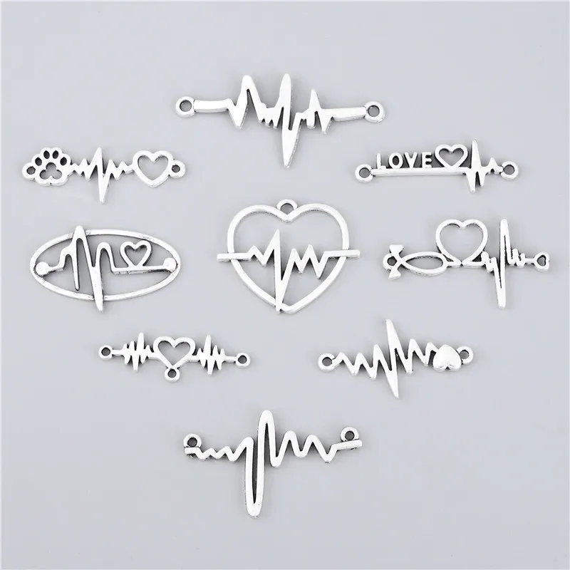 9 шт микс амулеты ECG ссылка биение сердца серебряный цвет кулон для DIY