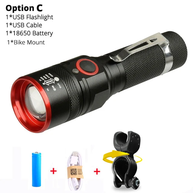 Option C 10000 Lumens Bike Light Ultra-Bright Zoom T6 Bicycle Front LED Flashlight Lamp USB Rechargeable Cycling Light By 18650 Battery - Цвет: Option C