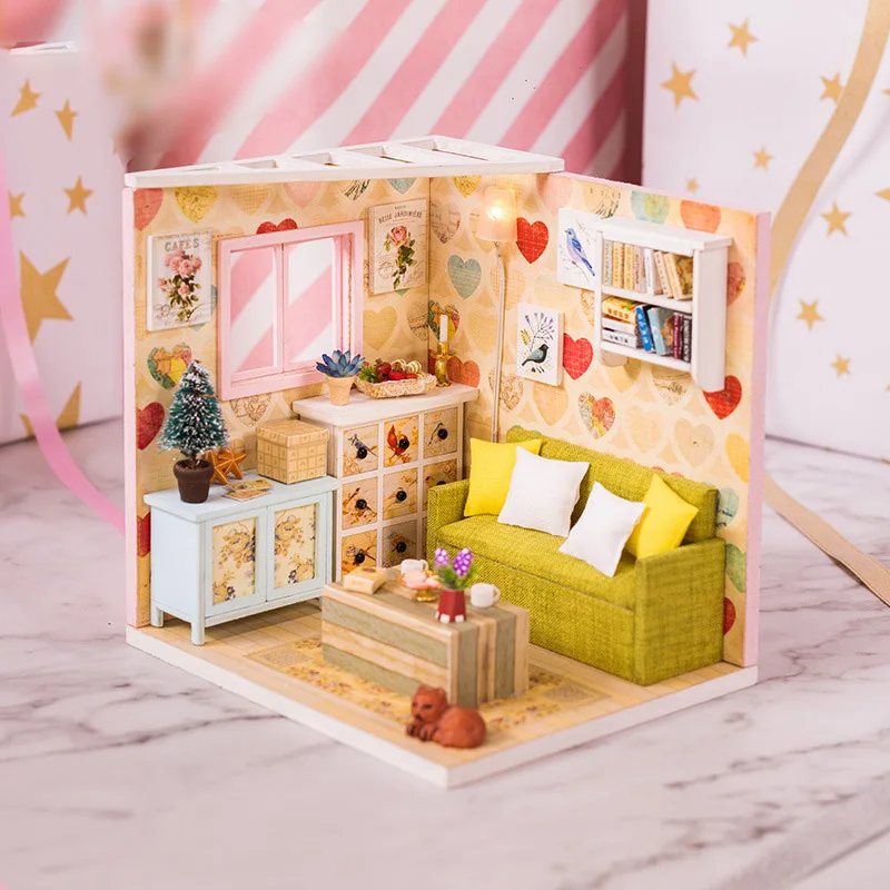 B Дети DIY кукольный дом мебель Diy Миниатюрный 3D Деревянный миниатюрный кукольный домик игрушки для детей подарки на день рождения Каса дневник котенка - Цвет: B