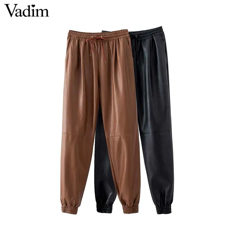 Женские брюки из искусственной кожи Vadim черные повседневные с эластичным поясом