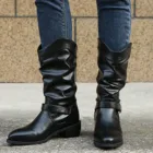 Сапоги женские плиссированные до колена, ковбойские сапоги в западном стиле для женщин, искусственная кожа, квадратный каблук, обувь для женщин, большой размер