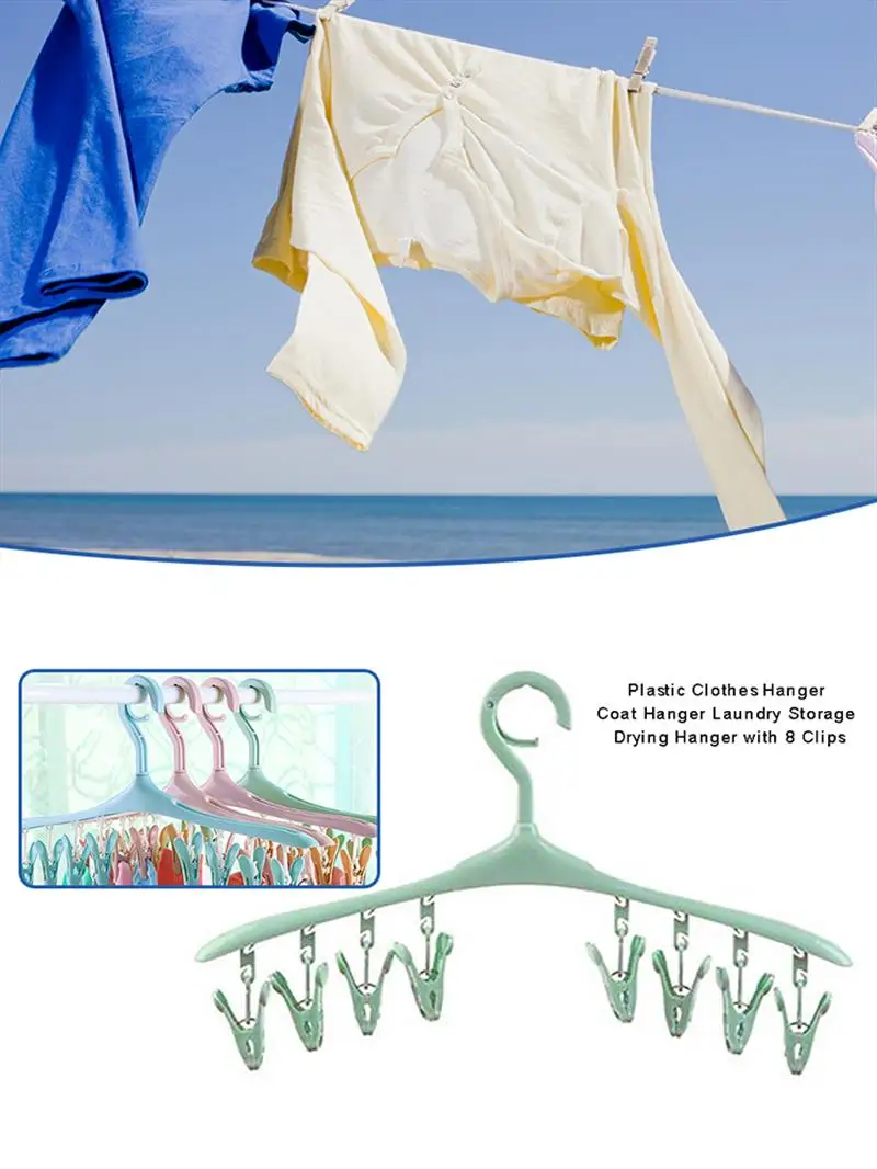 

Plastic Clothes Hanger Coat Hanger Laundry Storage Drying Hanger With 8 Clips