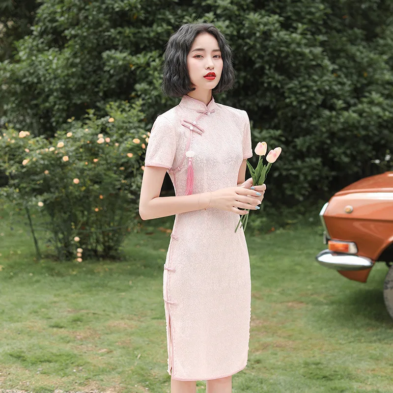 

Elegant Pink Lace Young Lady Qipao Sexy Vintage Dobby Cheongsam Chinese Traditional Classic Mandarin Collar Dress Big Size 3XL