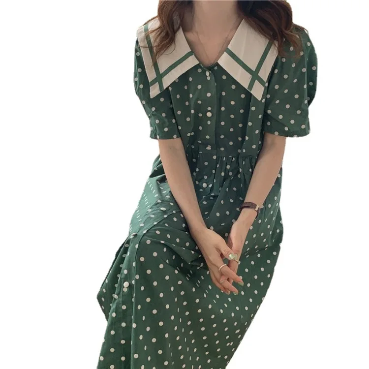 

2021 summer INS Korean style aging retro polka-dot navy shawl collar mid-length dress