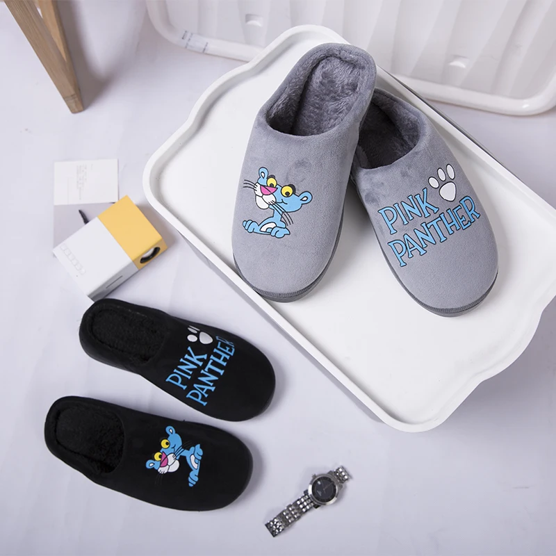 Зимние тапочки с рисунком розовой Пантеры Мужская домашняя Нескользящая теплая