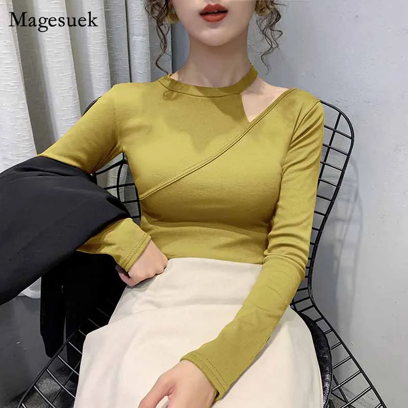 Осенняя Хлопковая женская блузка с длинным рукавом и О-образным вырезом