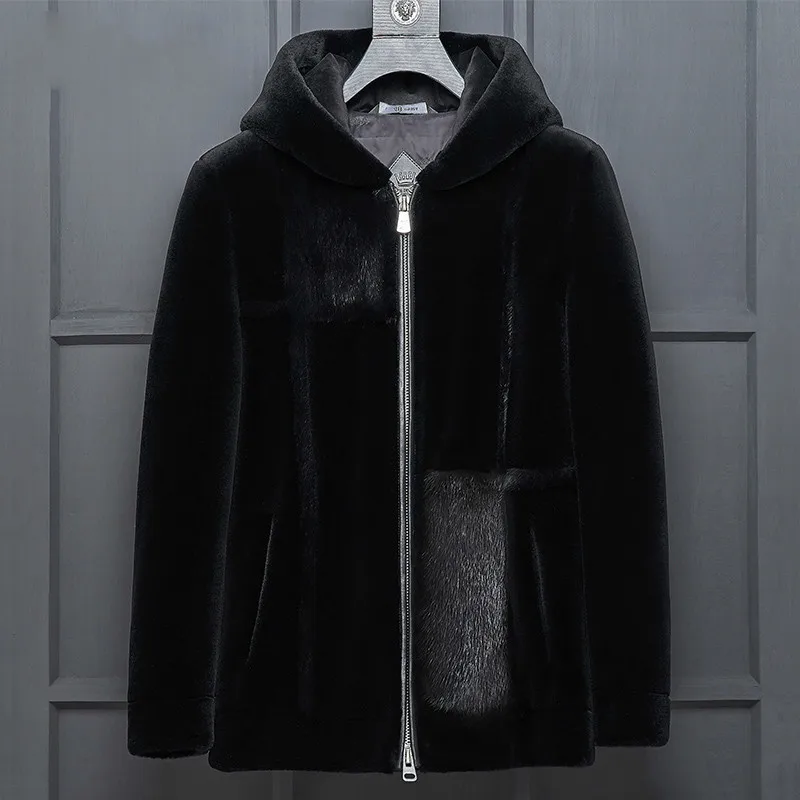 Новый натуральный мех Мужская зимняя овечья шерсть пуховик с капюшоном норковая