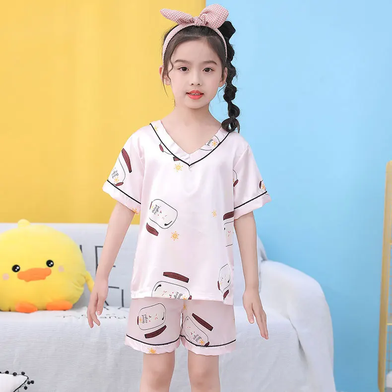 

Mysweeby Manufacturer boutique ice silk cartoon print breathable two piece short sets children girls pajama set kids sleepwear