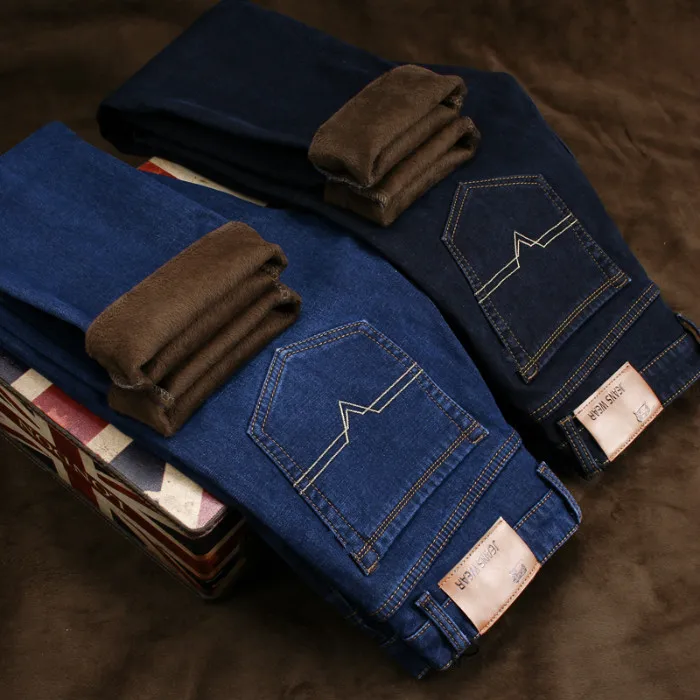 

Men Winter Straight Jeans Thicker Warm Stretch Jeans Good Quality Fleece Long Jeans Pants Men Smart Casual Black Denim Jeans