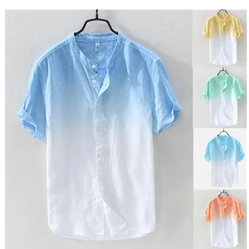 Мужская Летняя тонкая рубашка Удобная дышащая стоячий воротник градиентное