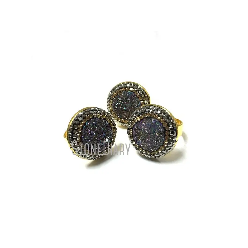

RM1556 5Pcs Realease Copper Ring Rainbow Aura Druzy Crystal Mineral Black Rhinestone Pave Round Shape Ring For Sale Adjustable