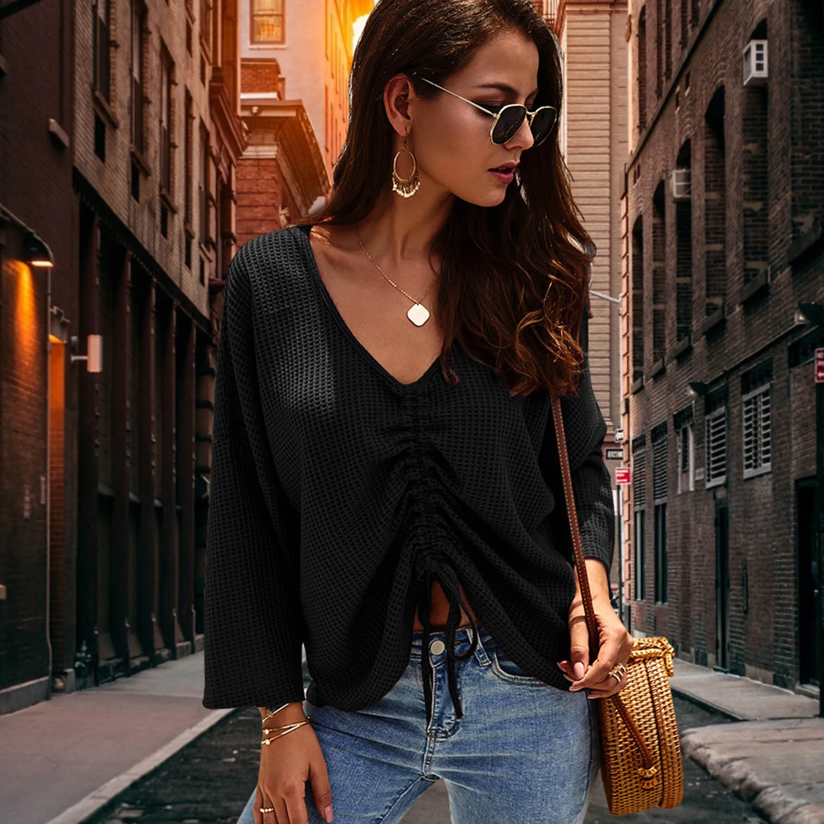 

Для женщин блузка на завязках с v-образным вырезом с длинным рукавом для девочек топы с длинными рукавами, свободный свитер с треугольным вы...