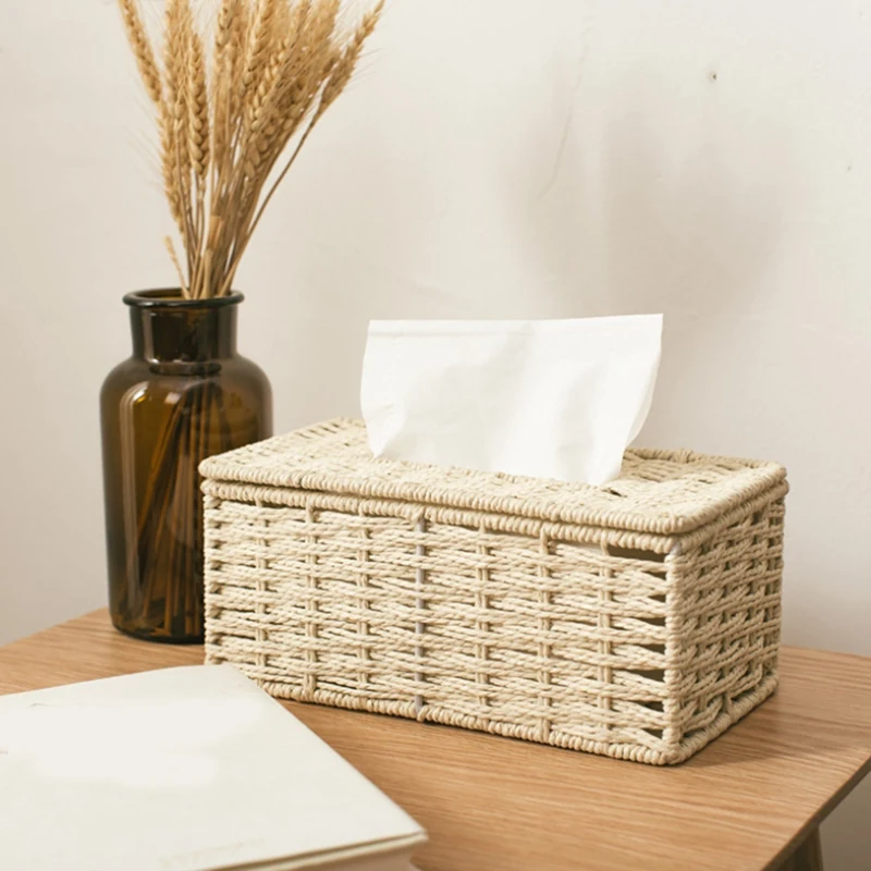 

Rattan Tissue Box, Vintage Napkin Holder, Case Clutter Storage Container Cover, Living Room Desk Decoration
