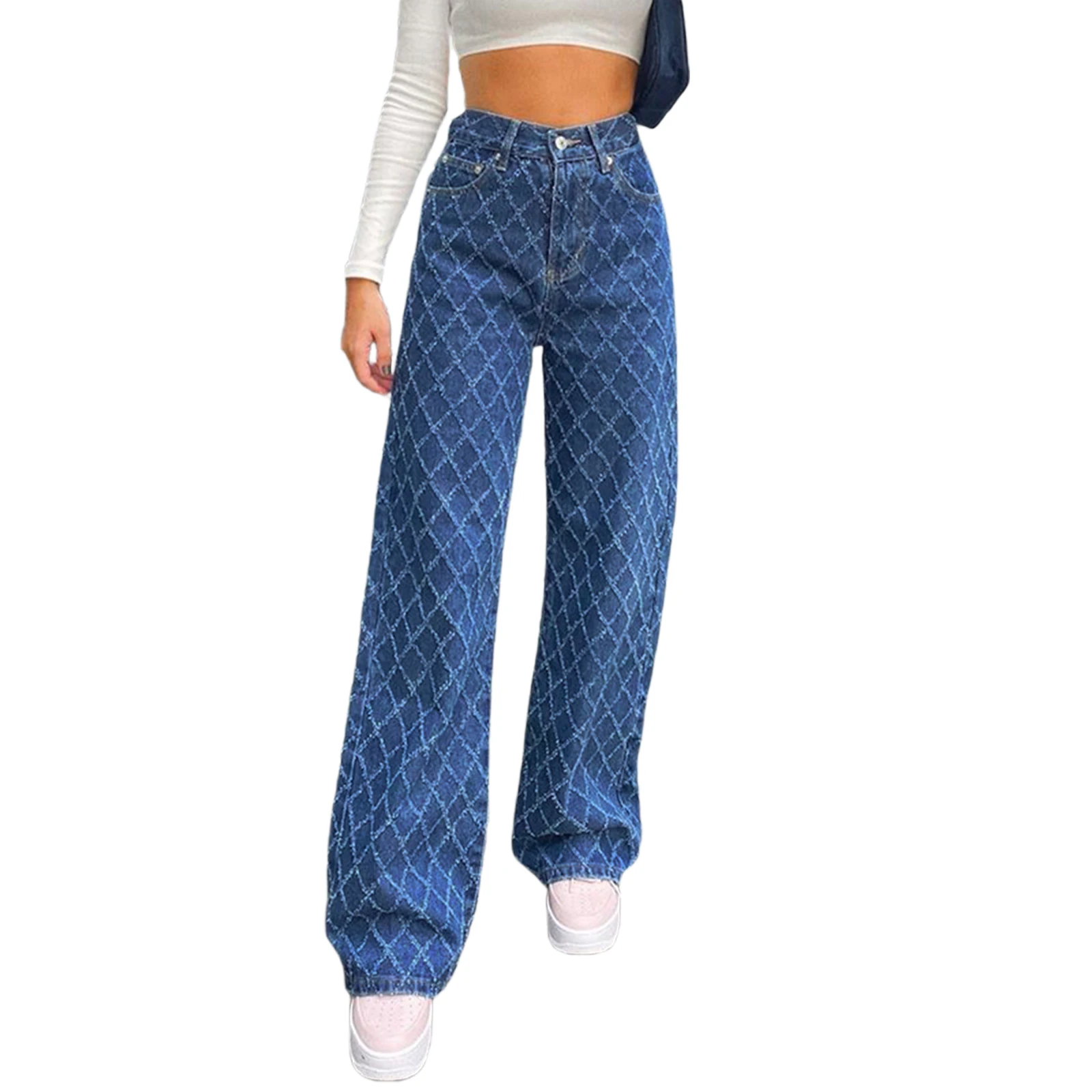 Nice Pop Female Jeans, Rhomboid Pattern High Waist Trousers Close-Fitting Pants For Spring Fall, Blue, S/M/L