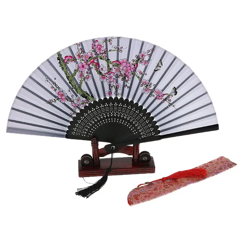 

Retro Japanese Chinese Folding Silk Hand Held Fan Peach Blossom Bamboo Wedding Party Dance Decor Gifts E15B