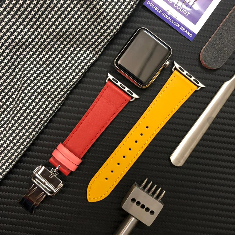 

Cow Leather strap For Apple Watch band 44mm 40mm Series 6 5 iwatch SE 4 3 2 1 steel buckle 42mm loop 38mm bracelet Replacement