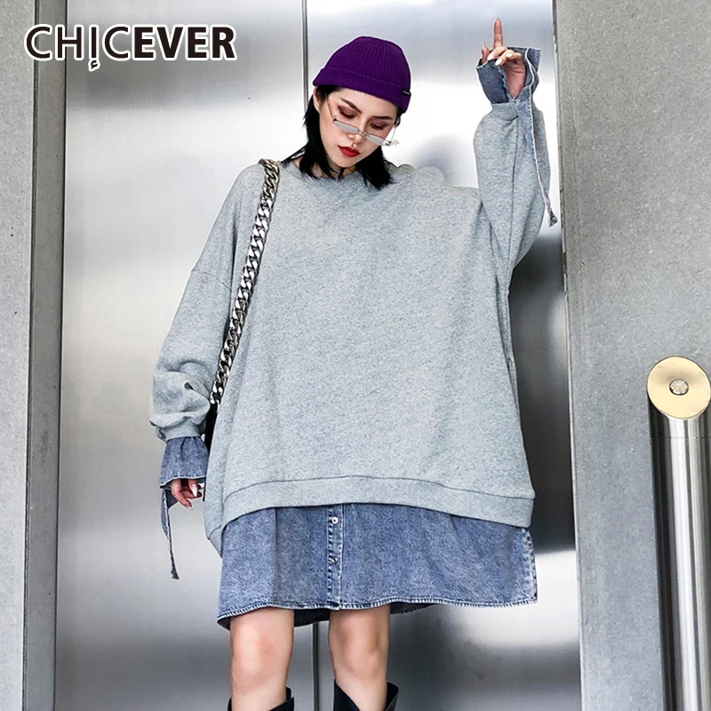 CHICEVER лоскутное джинсовое хит разноцветное платье для женщин О образный вырез с