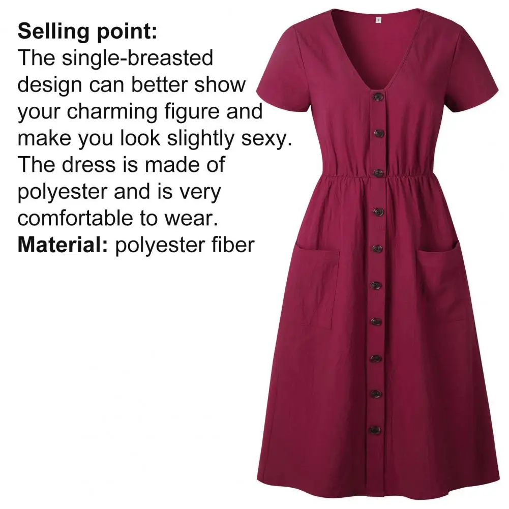 

robe femme Fashion V-neck Knee Length Buttons Pocket Party Slim A-line Dress Beachwear summer dress vestidos de mujer casual