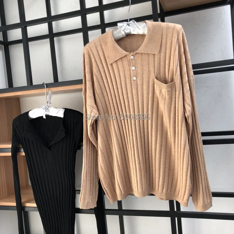 100% Wool Sweater Shirt Collar with buttons Drop shoulder Long Sleeves Chest Pocket Oversized Jumper 2020 new | Женская одежда
