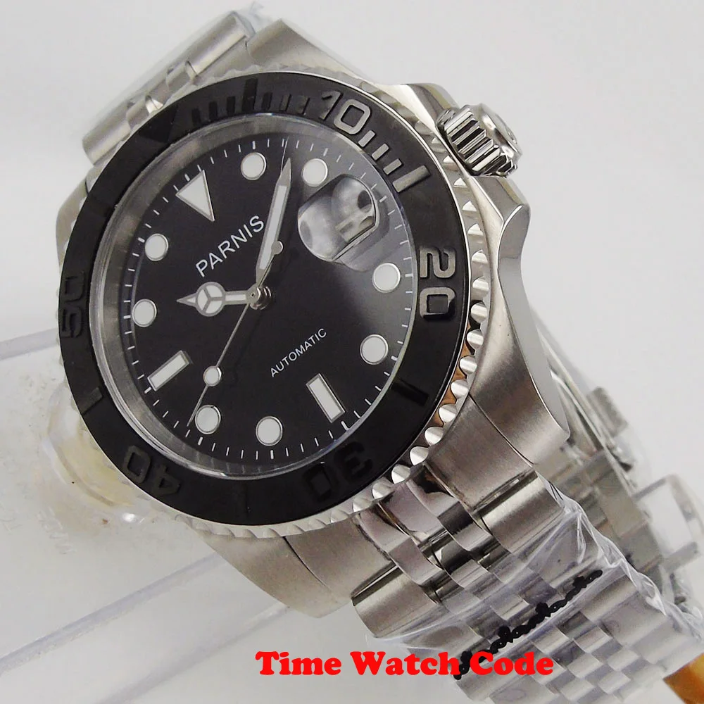 Мужские автоматические наручные часы PARNIS 40 мм черный циферблат сапфировое