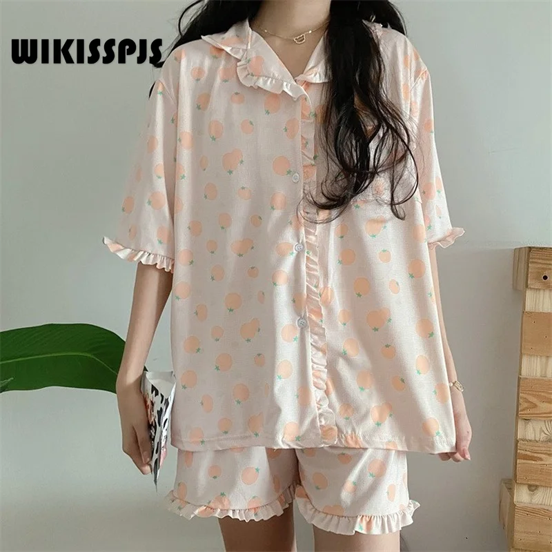 

WIKISSPJS 2022 Summer New Korean Lovely Cardigan Two Piece Sweet Thin Home Service Women Pajamas Sleep Tops Lounge Wear
