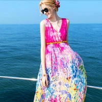new fashion lady shell 100 silk dress summer beach dress women v neck rose red yellow print dresses long