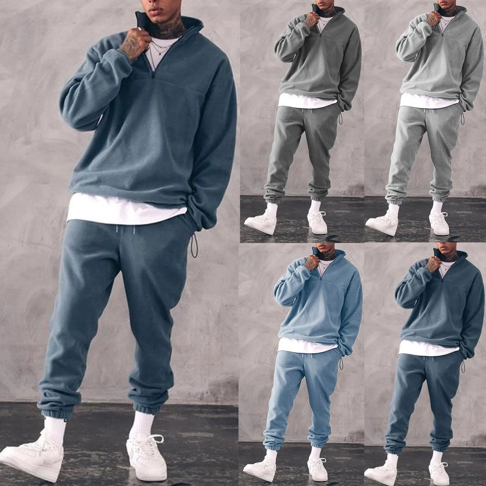 

2 Suits Sweatshirts Fashion Casual Pieces Tracksuit Collar Set Warm Men Sports Winter Stand Jogger Men's Solid Sweatshirt Winte