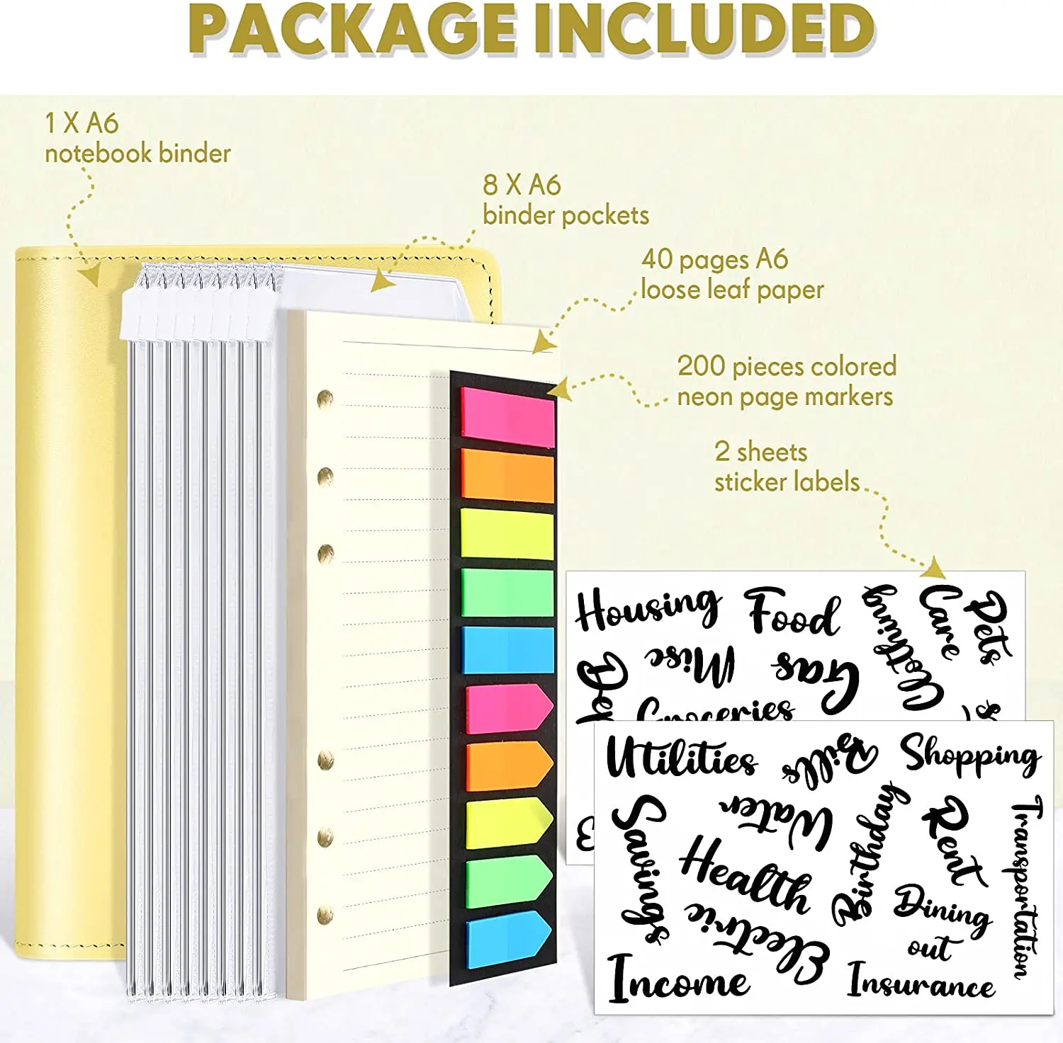 

A6 Budget System with 26 Categories Sticker Cash Budget Label/ 8 Binder Pocket/ Loose Leaf Paper and Neon Page Makers for Saving
