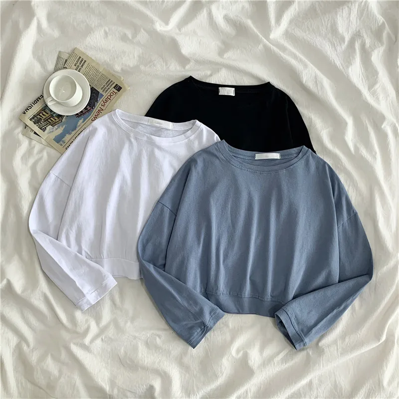 Early Autumn New Korean Style Simple Solid Cotton Short Sweetshirts Loose Casual O-neck Thin Tops Plus Size Women Clothing 11771
