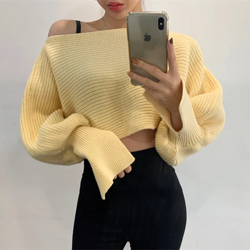 

New 2021 Autumn Winter Women Sweaters Slash Neck Lantern Sleeve Split Fashionable Sexy Pullovers Short Tops
