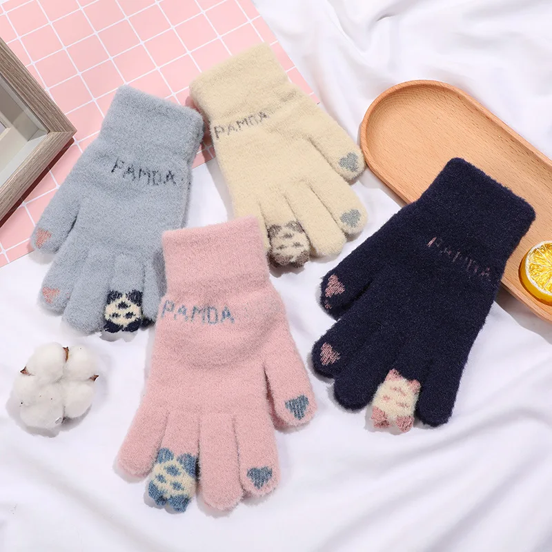 

Soft Women Winter Gloves With Cute Cartoon Panda Add Velvet Keep Warm Touch Screen Cold Gloves Cycling Skiing Driving Glove
