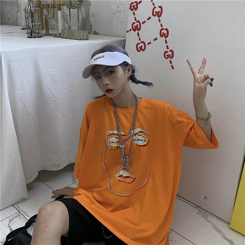 

Purplelano Harajuku Woman Tshirts Mid Short Sleeve Oversized Tshirt Face Printed Long Tops for Women Summer Streetwear 2021