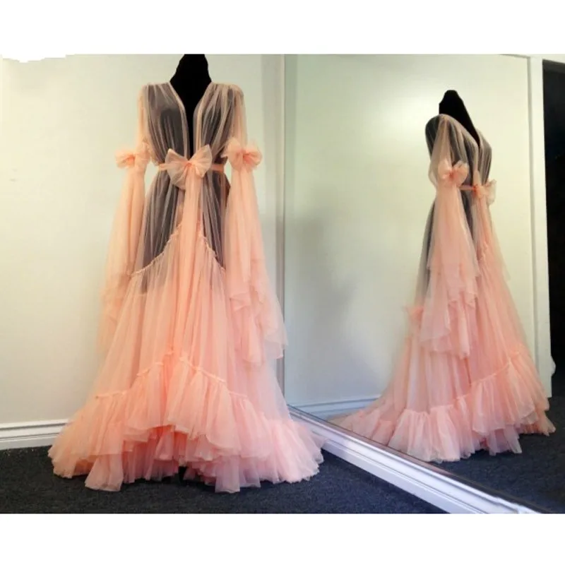 

Peach Kimono Evening Dress abiye Robe De Soiree See Through Full Sleeves Tulle Evening Gowns Bow Long Vestido De Festa