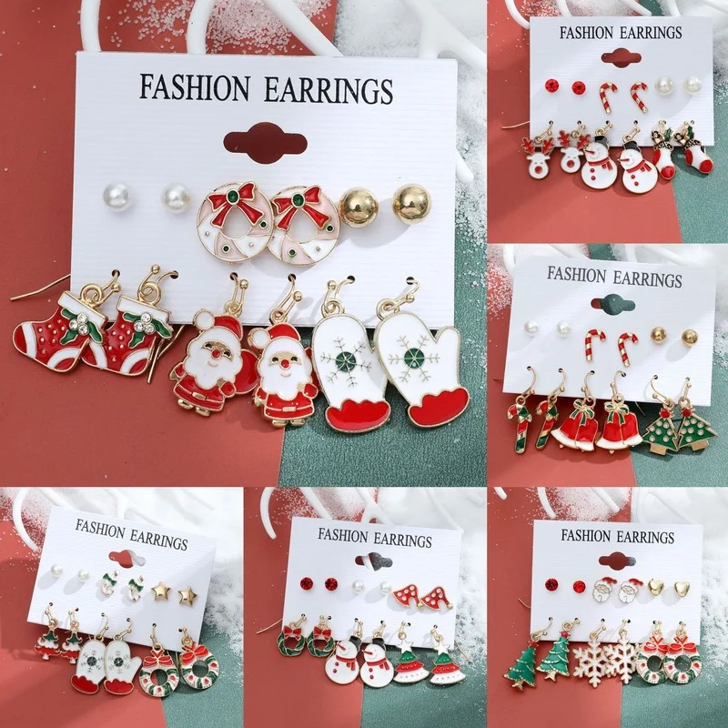 

Christmas Earrings Earrings Set European and American Santa snowflake bell elk Earrings Six Piece Set Christmas Earrings female