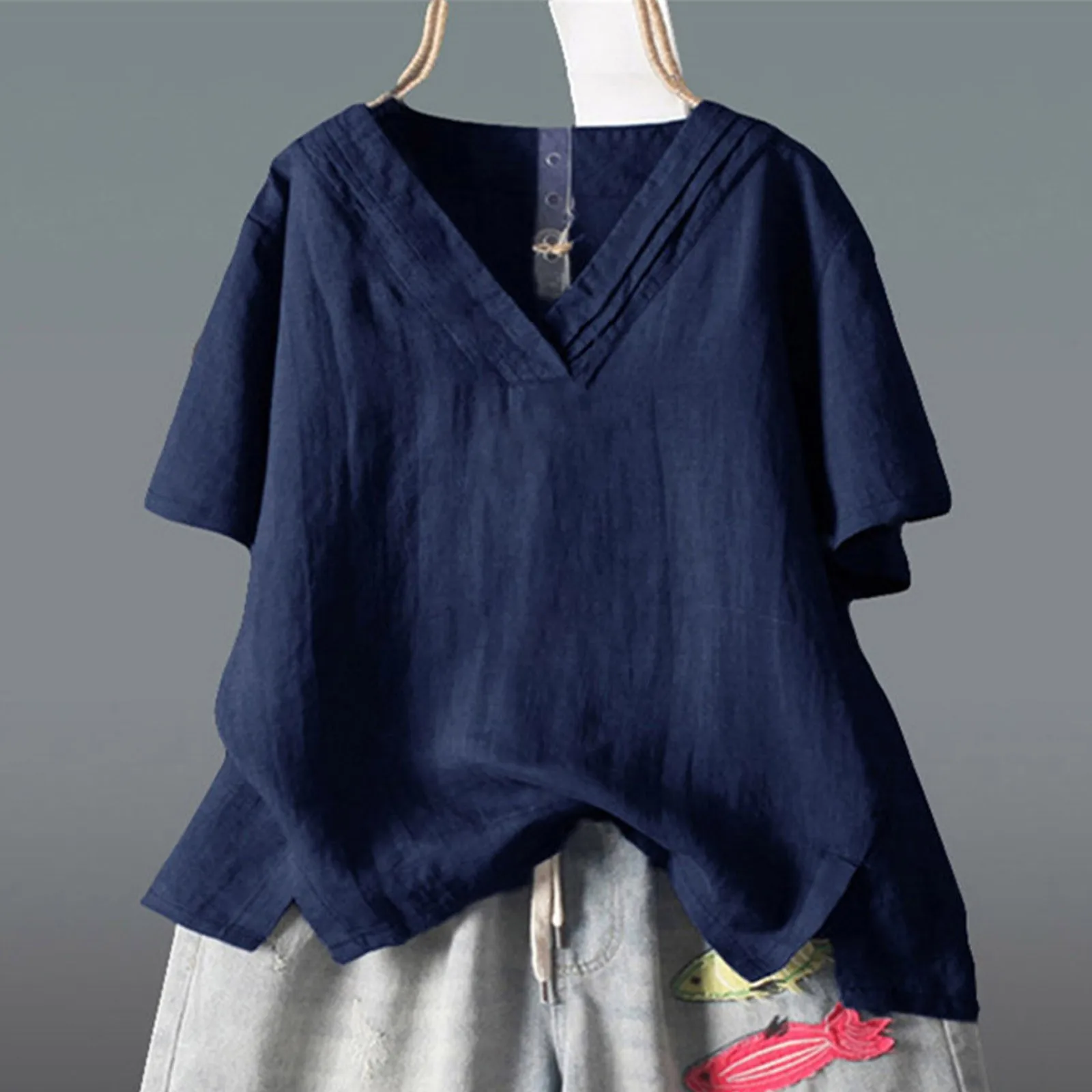 Футболка женская Повседневная однотонная белая Свободная рубашка с V-образным