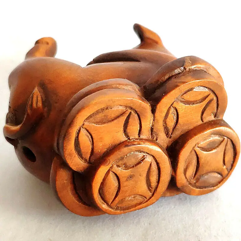 

Y7439 - 2" Hand Carved Japanese Boxwood Netsuke Figurine Carving : Wealthy Pig