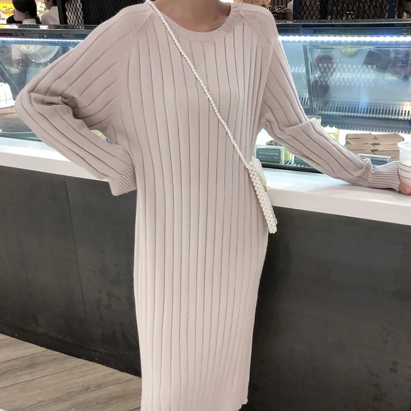 

Casual Women Sweater Dress Long Sleeve o Neck Ribbed Knitted Dresses Women Autumn Winter Long Midi Dress 5 Color Robe Femme