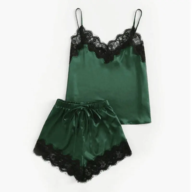 

Womens Sexy Satin Plus Size Lingerie V-Neck Camisole Wide Leg Drawstring Waist Shorts Eyelash Lace Patchwork Pajamas Nightwear