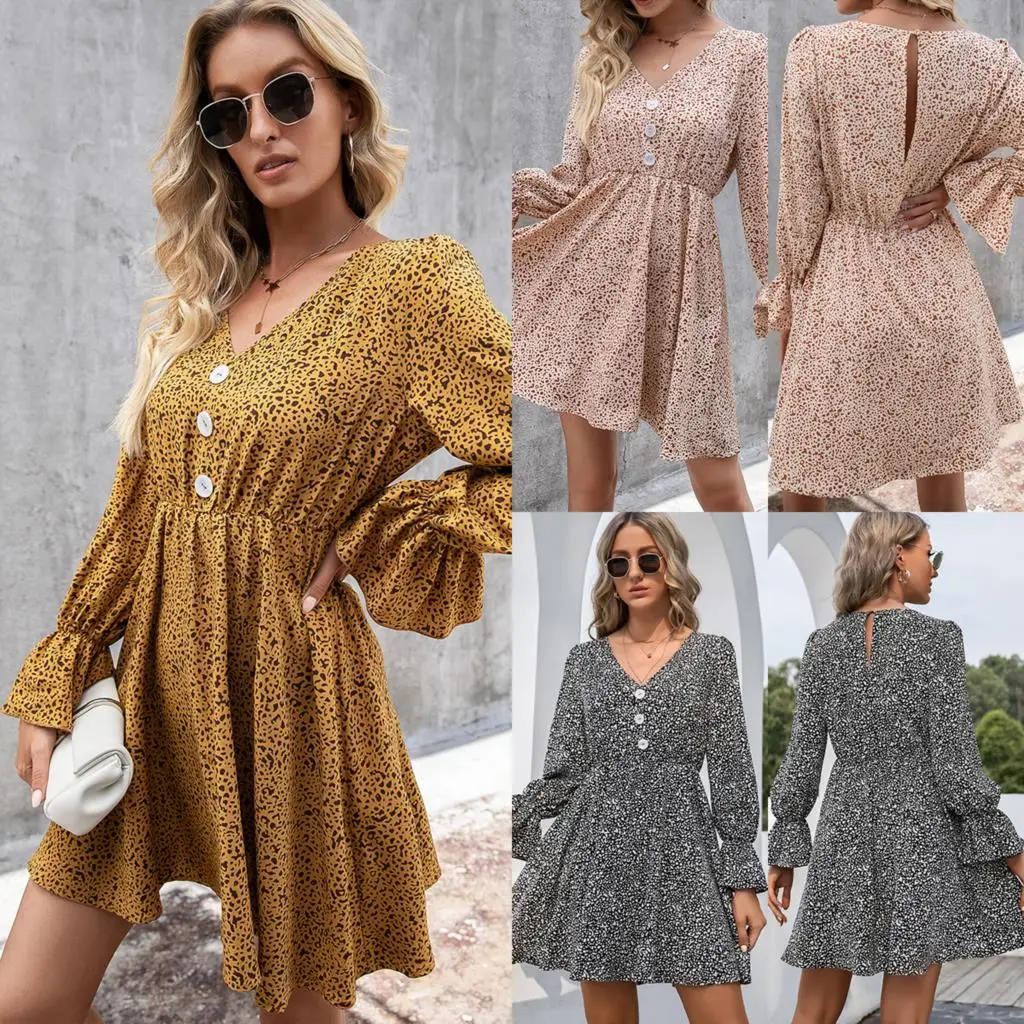 

Fashion High Waist Hollow Out Dresses For Women 2021 Autumn And Winter New Women's Leopard Print Long-Sleeved V-Neck Dress Femme