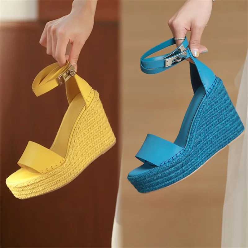 

2021 Woman Platform Sandals Summer Hemp Rope Wedge Heel Shoes Metal lock design ladies Party Shoes high heel sandalia feminina