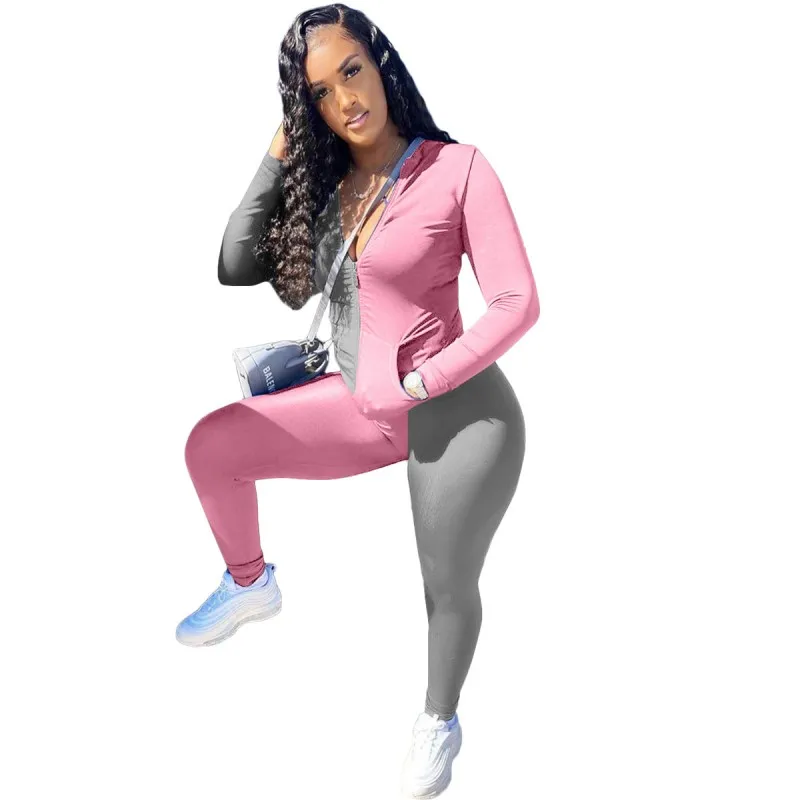 

Front Pocket Hoodies Two Piece Set Women Zipper V Neck Tops And Skinny Pants Suit Autumn Fashion 2 Colors Splice Leisure Outfits