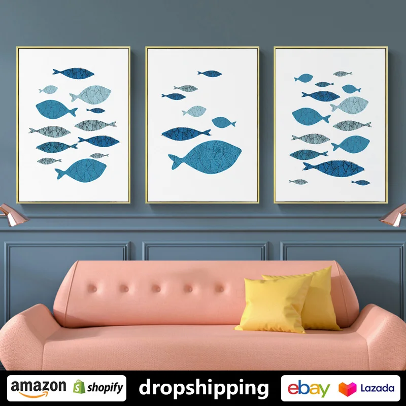 Скандинавские синие рыбы Abstoract Cutoon плакаты принты картины на холсте настенное