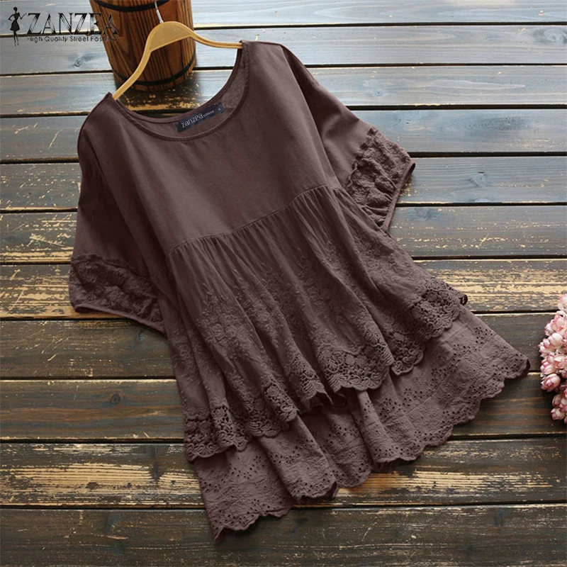 Женская кружевная блузка летняя однотонная с коротким рукавом и вышивкой 2021 |