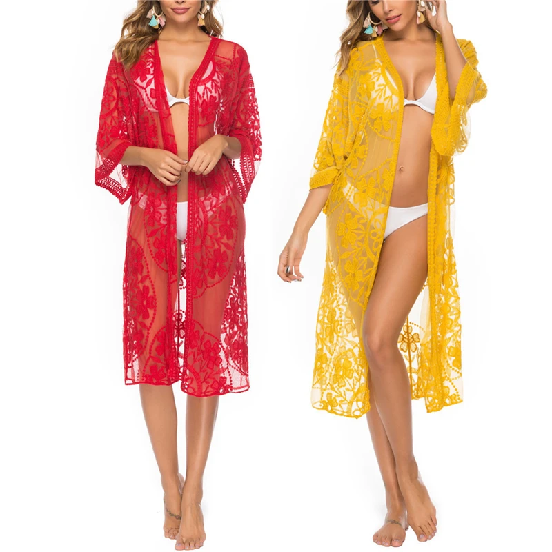 

Женский прозрачный кардиган, кружевной пляжный кардиган с расклешенными рукавами и цветочным кружевом, свадебная одежда для сна, новинка, Л...