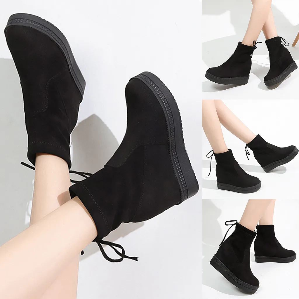 

Women's fashion casual platform short boots with wedges increased shoes ladies solid color warm platform wedge shoes
